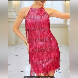 Hot Pink Sequin Tassel Halter Neck Dress